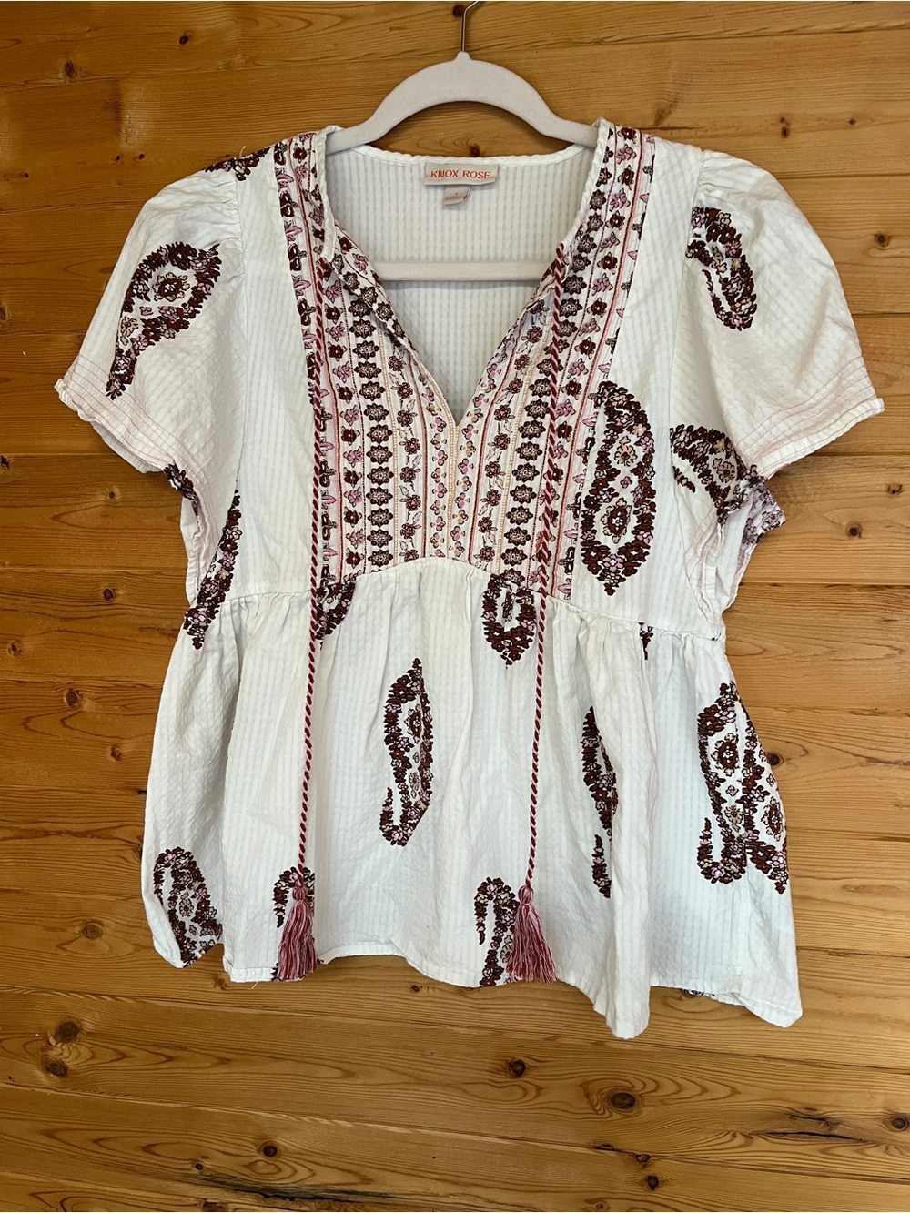 Knox Rose White Peasant Top with Pink and Burgundy Tassel Embroidery